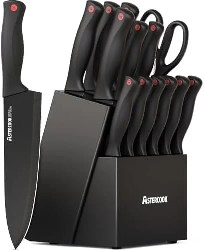Knife Set - Astercook 15 Pieces Knife Sets for Kitchen with Block, Dishwasher Safe Kitchen Knife Set with Built in Sharpener Block, German Stainless
