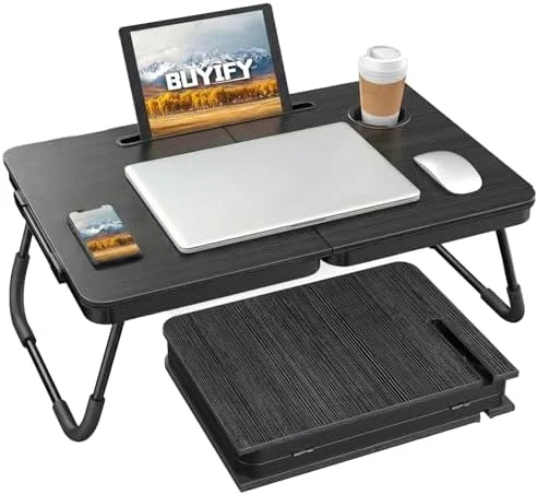 BUYIFY Foldable Laptop Bed Desk for Couch, Sofa - Large Lap Desk Tray Table with Cup Holder and Tablet Slot - Portable Notebook Stand for Eating
