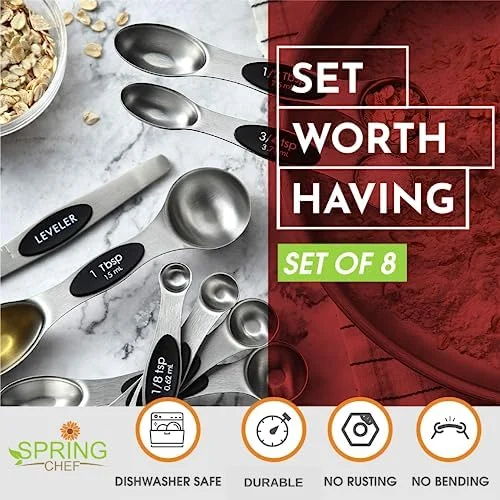 Spring Chef Stainless Steel Magnetic Measuring Spoons Set with Strong N45 Magnets - Heavy Duty Metal Kitchen Gadgets for Baking & Cooking, Fits in