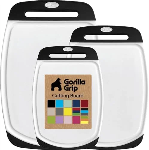 GORILLA GRIP BPA-Free Reversible Kitchen Cutting Board Set of 3 - US Designed, Nonporous, Juice Grooves Catch Liquid, Slip Resistant Border
