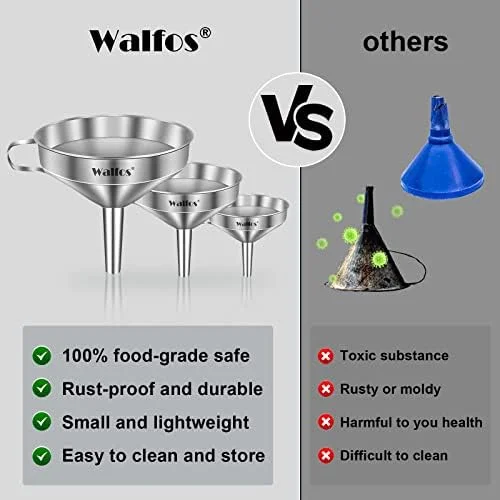 Stainless Steel Funnel - Walfos 3 Pack Kitchen Funnel with 2 Removable Strainer ＆ 1Pcs Cleaning Brush, Perfect for Transferring of Liquid, Oils, Jam
