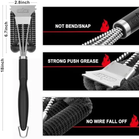 GRILLART Grill Brush and Scraper, Extra Strong BBQ Cleaner Accessories, Safe Wire Bristles Barbecue Triple Scrubbers Cleaning Brush for Gas/Charcoal