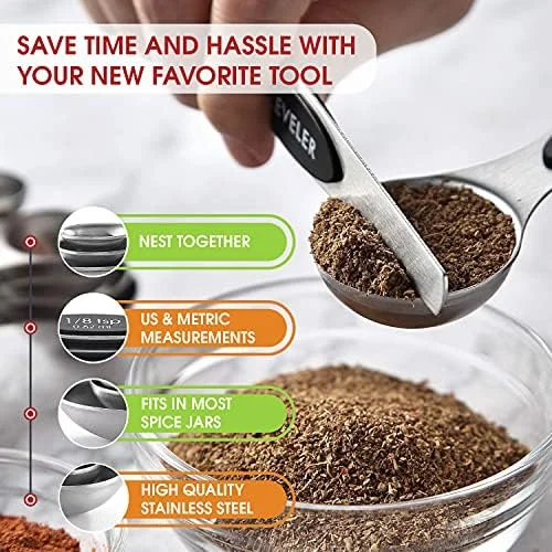 Spring Chef Stainless Steel Magnetic Measuring Spoons Set with Strong N45 Magnets - Heavy Duty Metal Kitchen Gadgets for Baking & Cooking, Fits in