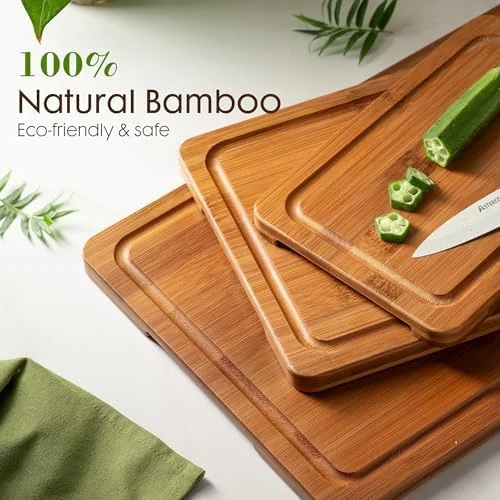 Astercook Deep-Carbonized Bamboo Cutting Boards for Kitchen with Wood Storage Stand - Reversible Charcuterie & Chopping Boards with Juice Grooves and