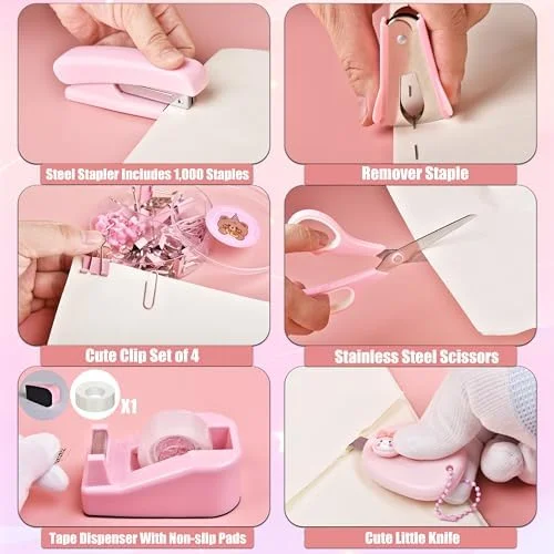 Pink Desk Accessories, 24Pcs Pink Office Supplies and Desk Organizers, with Tape Dispenser, Stapler, Staple Remover, Ect, Gift Box Packaging