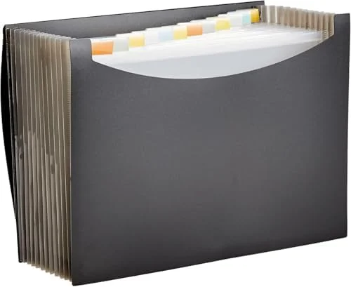 Amazon Basics Expanding Accordion File Organizer - Letter Size, 13 Compartments, Large Capacity Document Storage, Waterproof, Black, 1-Pack