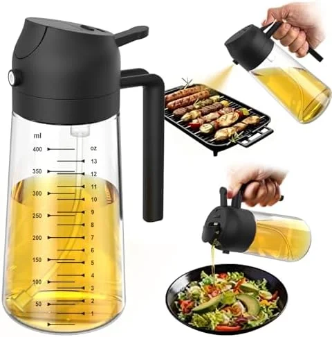 TrendPlain 16oz/470ml Glass Olive Oil Sprayer for Cooking – 2 in 1 Olive Oil Dispenser Bottle for Kitchen Gadgets and Air Fryer Accessories - Salad