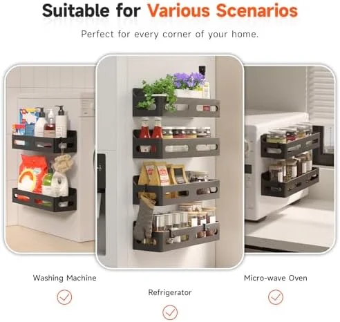 Sevenblue 4 Pack Strong Magnetic Spice Rack for Refrigerator - Multipurpose Magnetic Shelf for Fridge with 4 Hooks for Kitchen and Bathroom