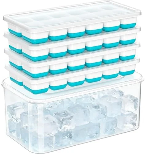NFK Ice Cube Tray with Lid & Bin - 4 Pack 48 Cubes Stackable Silicone Trays for Freezer with Storage Container - Leak-Proof Lids, BPA-Free, Easy