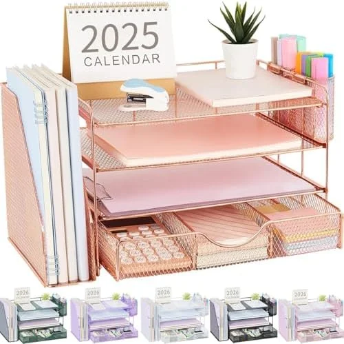 gianotter Desk Organizers and Accessories with File Holder - 4-Tier Desk Accessories & Workspace Organizers with Drawer and 2 Pen Holder, Paper