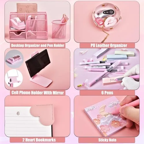 Pink Desk Accessories, 24Pcs Pink Office Supplies and Desk Organizers, with Tape Dispenser, Stapler, Staple Remover, Ect, Gift Box Packaging