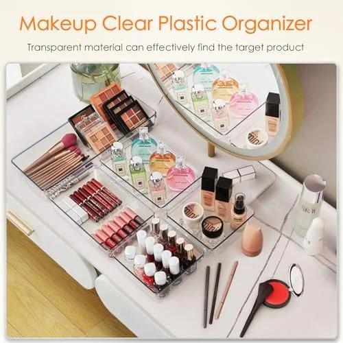 Criusia Drawer Organizer - 10 Pack Large Clear Plastic Set, 3 Size Versatile Bathroom and Vanity Organizer Trays, Storage Bins for Makeup, Bedroom