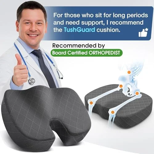 TushGuard Seat Cushion - Memory Foam Cushion for Office Chair, Car Seat, Airplane, Bleacher - Sciatica & Hip & Coccyx Pain Relief Desk Chair Cushion