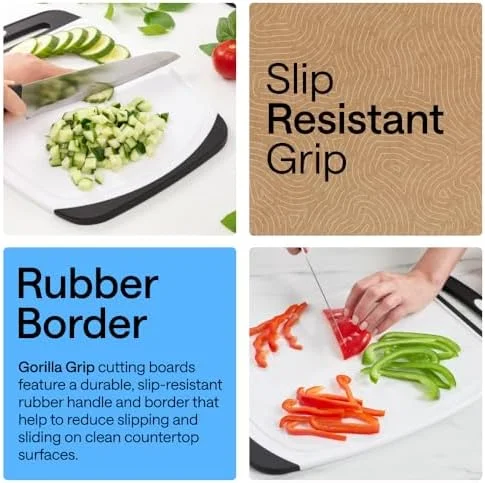 GORILLA GRIP BPA-Free Reversible Kitchen Cutting Board Set of 3 - US Designed, Nonporous, Juice Grooves Catch Liquid, Slip Resistant Border