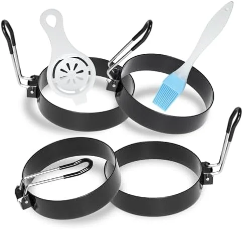 Stainless Steel Egg Rings for Frying Eggs（4 Pack） - 3.5" Round Non Stick Griddle Rings with Oil Brush - Egg Sandwich/Pancake/Cooking Molds, Breakfast