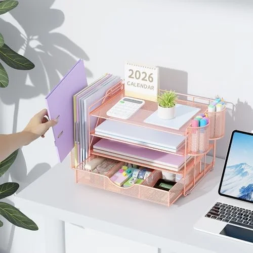 gianotter Desk Organizers and Accessories with File Holder - 4-Tier Desk Accessories & Workspace Organizers with Drawer and 2 Pen Holder, Paper