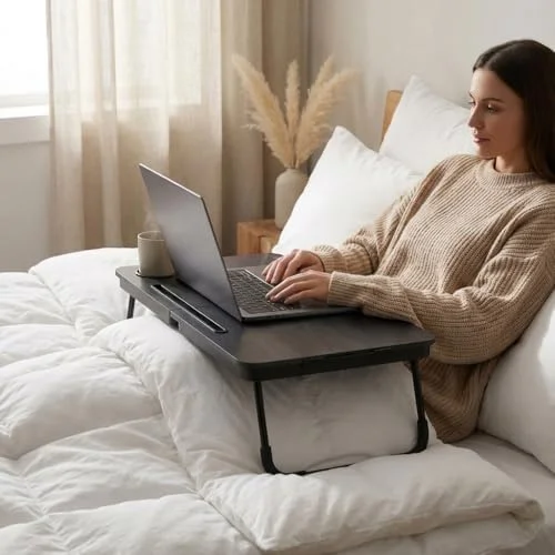 BUYIFY Foldable Laptop Bed Desk for Couch, Sofa - Large Lap Desk Tray Table with Cup Holder and Tablet Slot - Portable Notebook Stand for Eating