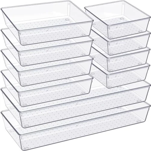 Criusia Drawer Organizer - 10 Pack Large Clear Plastic Set, 3 Size Versatile Bathroom and Vanity Organizer Trays, Storage Bins for Makeup, Bedroom
