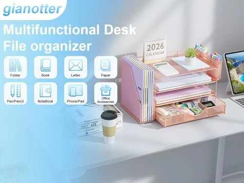 gianotter Desk Organizers and Accessories with File Holder - 4-Tier Desk Accessories & Workspace Organizers with Drawer and 2 Pen Holder, Paper