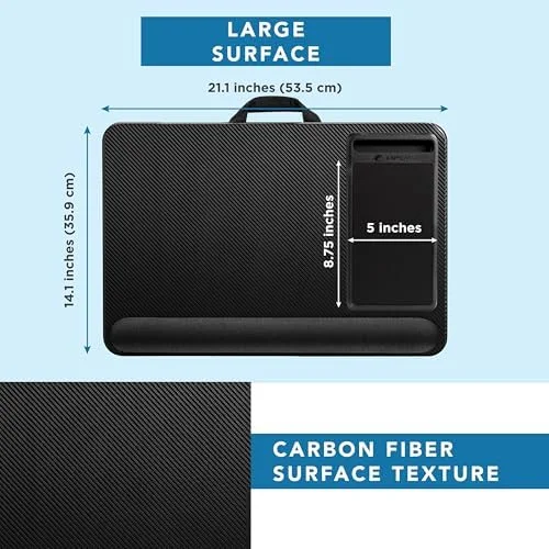 LAPGEAR Home Office Pro Lap Desk with Wrist Rest - Mouse Pad, and Phone Holder - Black Carbon - Fits up to 15.6 Inch Laptops - Style No. 91598