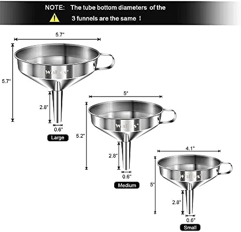 Stainless Steel Funnel - Walfos 3 Pack Kitchen Funnel with 2 Removable Strainer ＆ 1Pcs Cleaning Brush, Perfect for Transferring of Liquid, Oils, Jam
