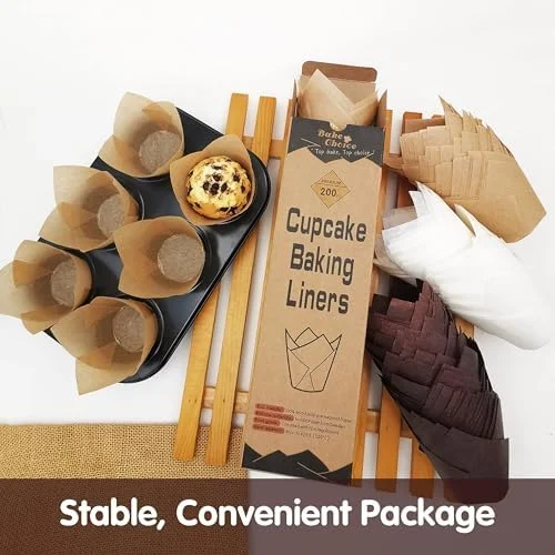 Bake Choice 200pcs Natural Tulip Cupcake Liners for Baking Cups Unbleached European Parchment paper Tulip Muffin Liners - Cupcake Wrapper for Party