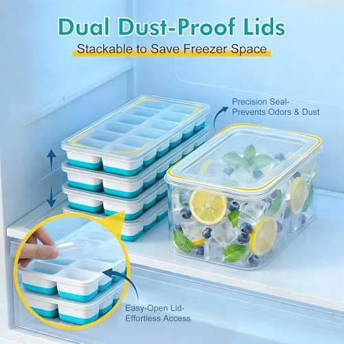 NFK Ice Cube Tray with Lid & Bin - 4 Pack 48 Cubes Stackable Silicone Trays for Freezer with Storage Container - Leak-Proof Lids, BPA-Free, Easy