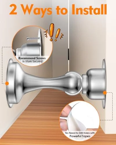 Door Stoppers Magnetic Door Catch - Stainless Steel Magnetic Door Stop 2 Pack, Double-Sided Adhesive Tape, No Drilling, Screws for Stronger Mount