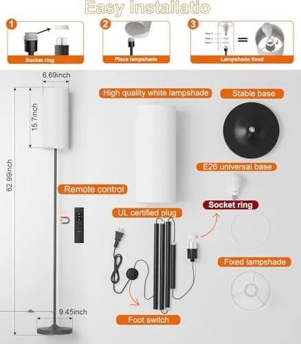 luckystyle Dimmable Floor Standing Tall Lamp - 12W Led Bulb with Lampshade, Foot Switch, Remote Custom Color Temperature Pole for Bedroom, Office