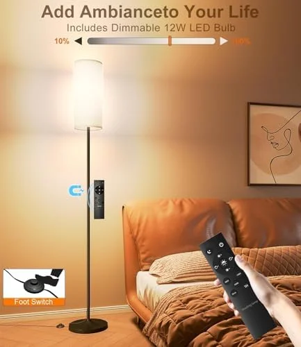 luckystyle Dimmable Floor Standing Tall Lamp - 12W Led Bulb with Lampshade, Foot Switch, Remote Custom Color Temperature Pole for Bedroom, Office