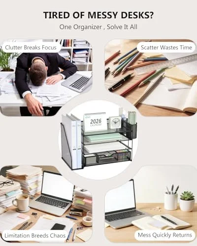WALI Desk File Organizer, 4 Tier Desktop Paper Letter Tray Organizer with Drawer and 2 Pen Holders, Office Desk Accessories & Workspace Organizers