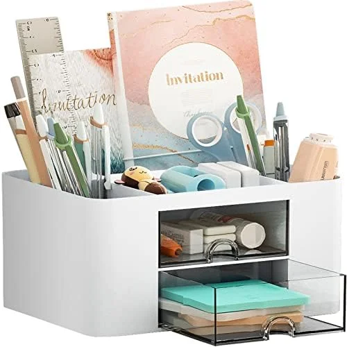 Marbrasse Pen Organizer with 2 Drawer, Multi-Functional Pencil Holder for Desk, Desk Organizers and Accessories with 5 Compartments + Drawer for