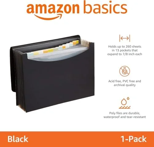 Amazon Basics Expanding Accordion File Organizer - Letter Size, 13 Compartments, Large Capacity Document Storage, Waterproof, Black, 1-Pack
