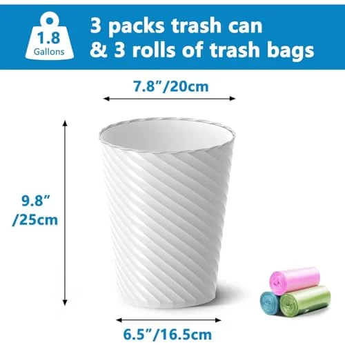 Bathroom Trash Can - 3 Pack 1.8 Gallons Small Trash Can with Trash Bags, Bathroom Garbage Can, Plastic Trash Bin, Round Waste Basket for Living Room