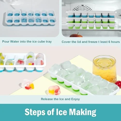 3 Pack Ice Cube Trays with Lid for Freezer, Flexible Silicone Bottom for Easy Release, Stackable Space-Saving Ice Molds, 1.2" Cubes Color-Coded (2
