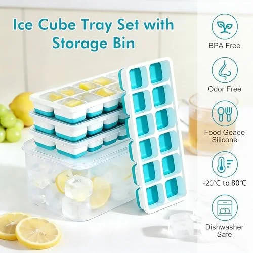 NFK Ice Cube Tray with Lid & Bin - 4 Pack 48 Cubes Stackable Silicone Trays for Freezer with Storage Container - Leak-Proof Lids, BPA-Free, Easy