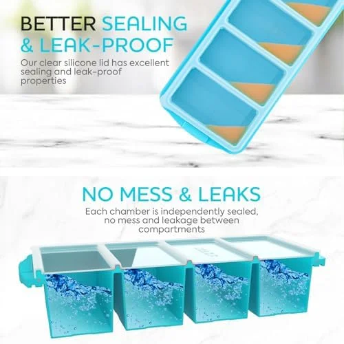 XOMOO Silicone Freezer Tray With Lid - Soup Freezer Container molds - Large Ice Cube Tray- makes 8 perfect 1 cup portions cubes - 2-Pack Freezer
