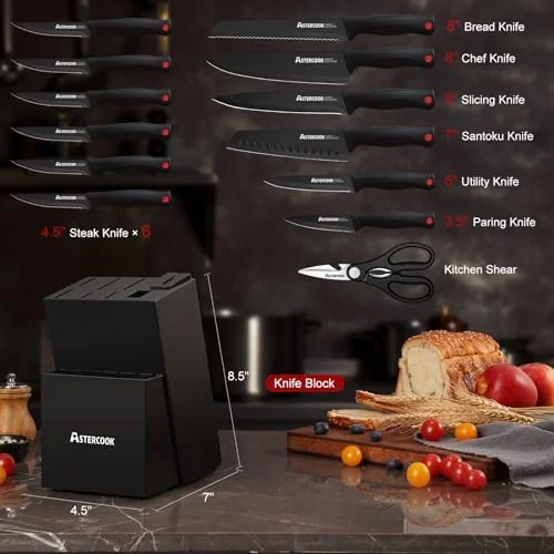Knife Set - Astercook 15 Pieces Knife Sets for Kitchen with Block, Dishwasher Safe Kitchen Knife Set with Built in Sharpener Block, German Stainless