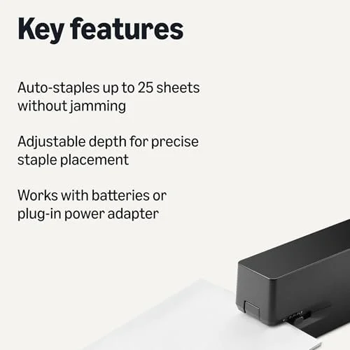 Amazon Basics Electric Automatic Stapler for Desk - 25 Sheet Capacity, No Jam Technology, Adjustable Staple Placement, Battery or AC Powered, Black
