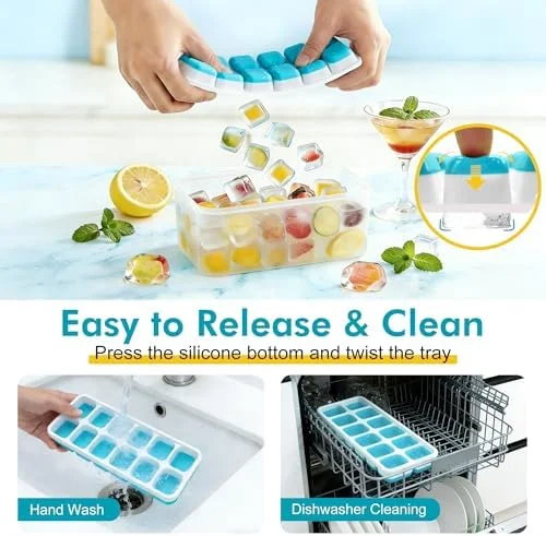 NFK Ice Cube Tray with Lid & Bin - 4 Pack 48 Cubes Stackable Silicone Trays for Freezer with Storage Container - Leak-Proof Lids, BPA-Free, Easy