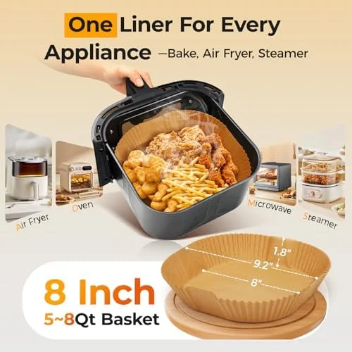 Air Fryer Paper Liners, 125Pcs Parchment Paper, Air Fryer Liners Disposable for Microwave, Non-Stick Air Fryer Liner Square Free of Bleach (8IN)