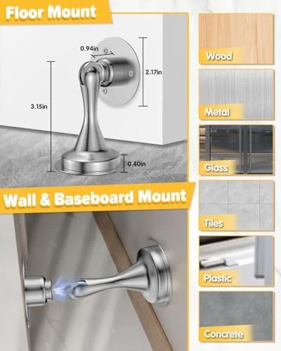 Door Stoppers Magnetic Door Catch - 2 Pack Stainless Steel Heavy Duty Door Holder Stops for Bottom Top of Door - Wall Floor Mounting No Drill Strong