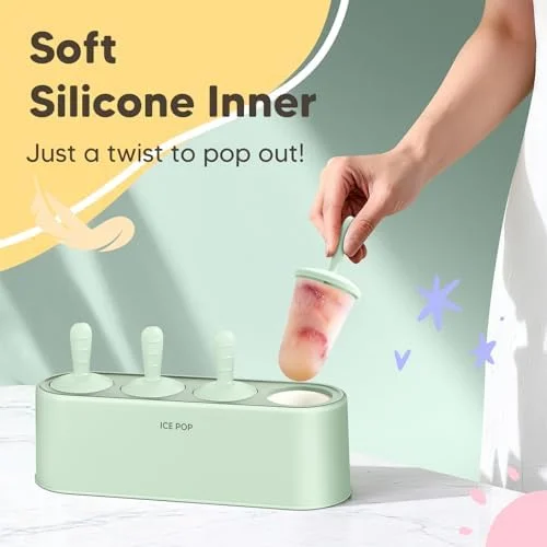 Popsicle Mold Set 4 Pieces Homemade Silicone Popsicle Maker Easy Release Ice Cream Molds Reusable DIY Pop Molds (Green - IcyClassic Pops)