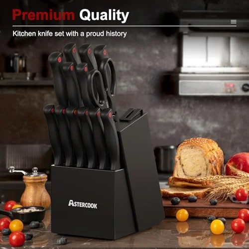 Knife Set - Astercook 15 Pieces Knife Sets for Kitchen with Block, Dishwasher Safe Kitchen Knife Set with Built in Sharpener Block, German Stainless